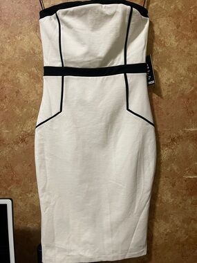 Express Strapless White Sheath Dress with Black Trim